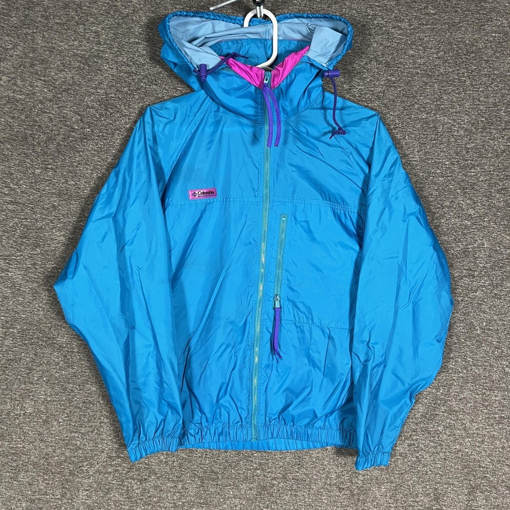 Vintage Columbia Jacket Womens Medium Blue Hooded Windbreaker Radial Sleeve 90s